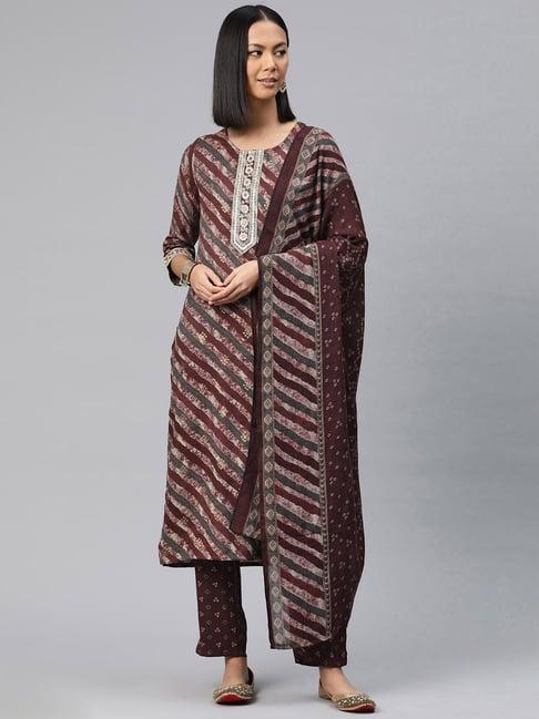 readiprint fashions brown cotton printed kurta pant set with dupatta