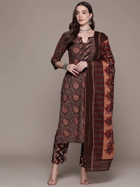 readiprint fashions brown cotton printed kurta pant set with dupatta