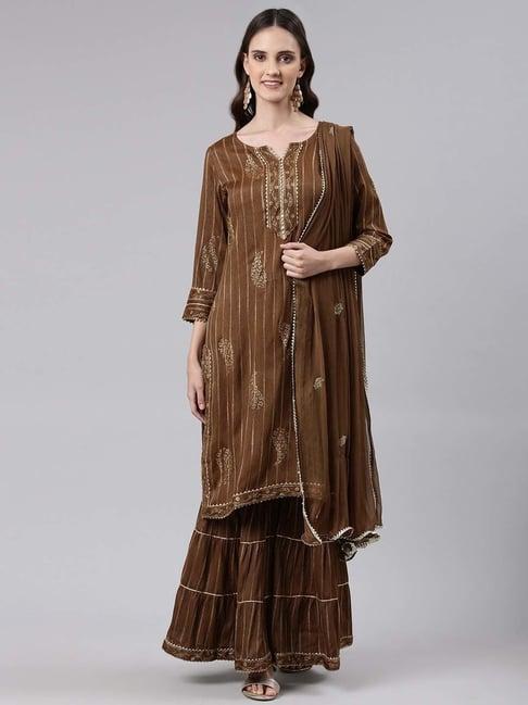readiprint fashions brown woven pattern kurta sharara set with dupatta