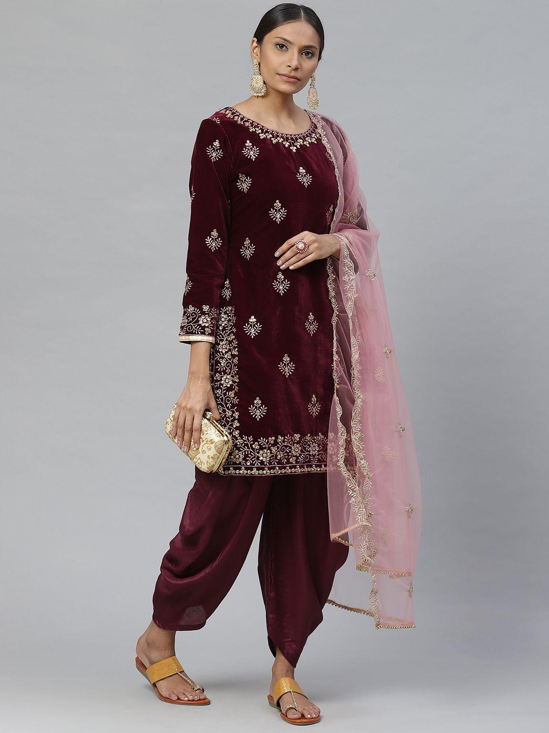 readiprint fashions burgundy & golden velvet finish semi-stitched dress material