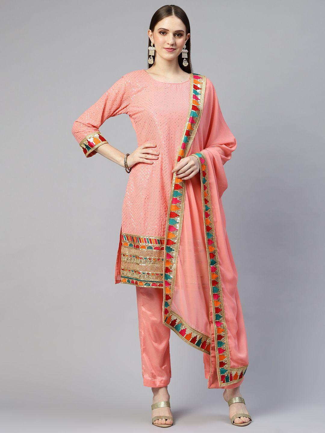 readiprint fashions coral pink embroidered semi-stitched dress material