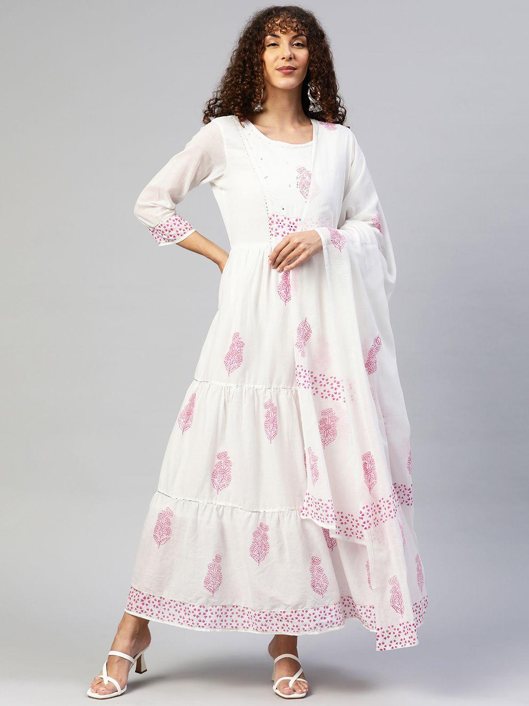 readiprint fashions cotton embroidered tiered floral maxi ethnic dress with dupatta