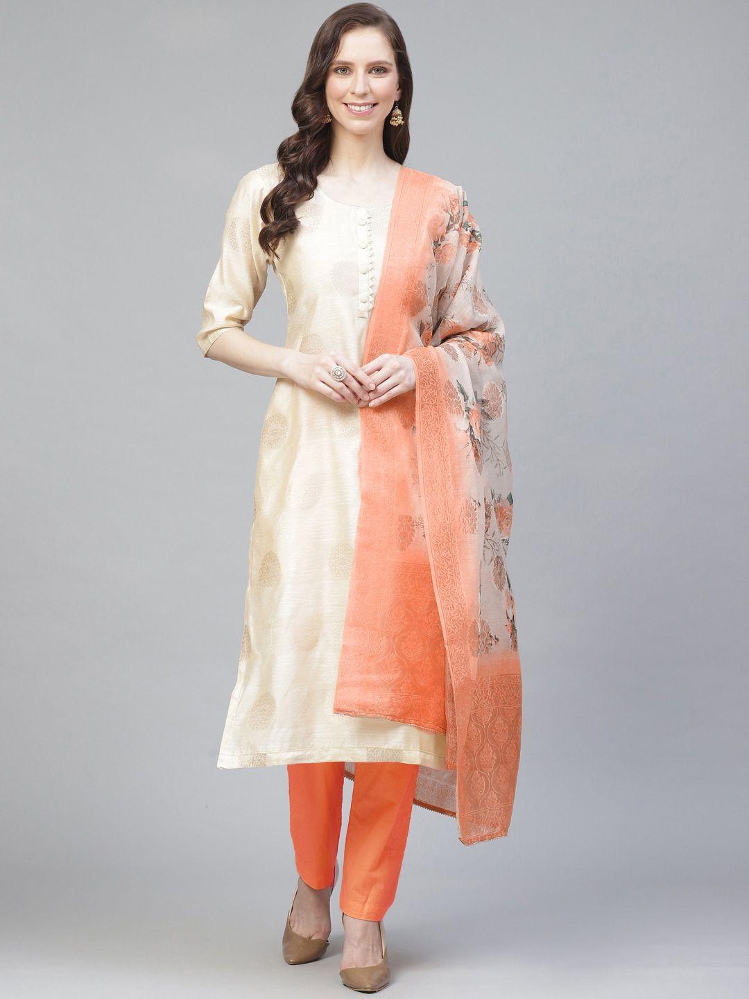 readiprint fashions cream-coloured & coral orange printed unstitched dress material
