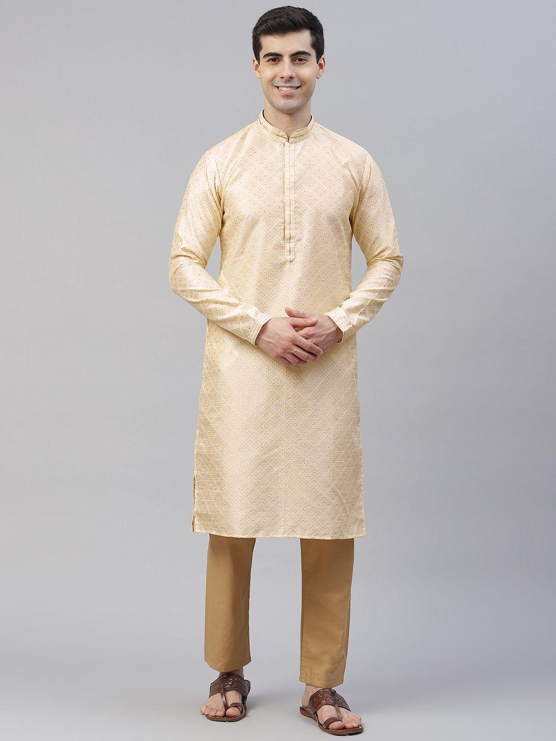 readiprint fashions cream-coloured & gold jacquard woven design straight kurta trousers