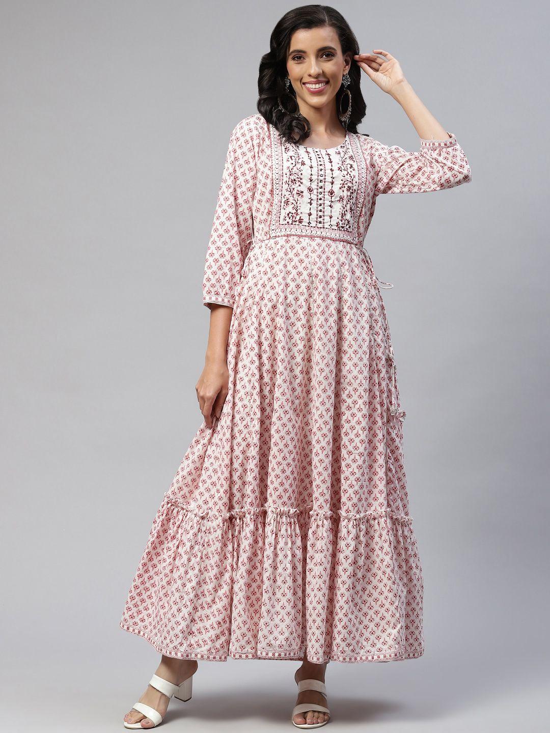 readiprint fashions cream-coloured & pink floral embroidered tiered maxi ethnic dress