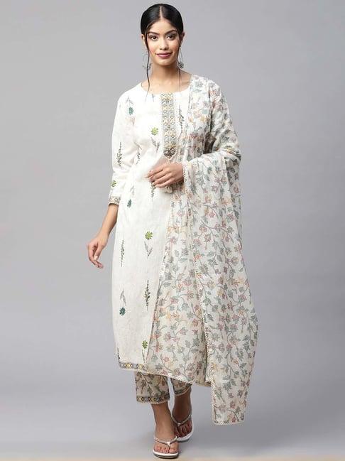 readiprint fashions cream cotton floral print kurta pant set with dupatta