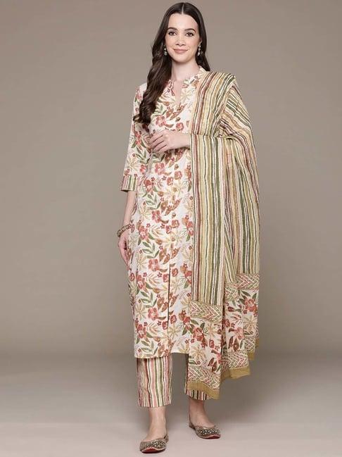 readiprint fashions cream cotton printed kurta pant set with dupatta