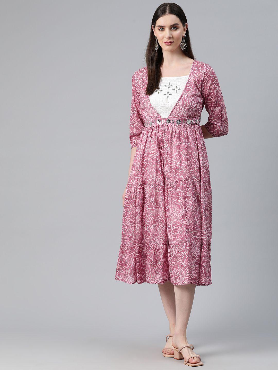 readiprint fashions embellished print fit & flare midi dress with shrug & belt