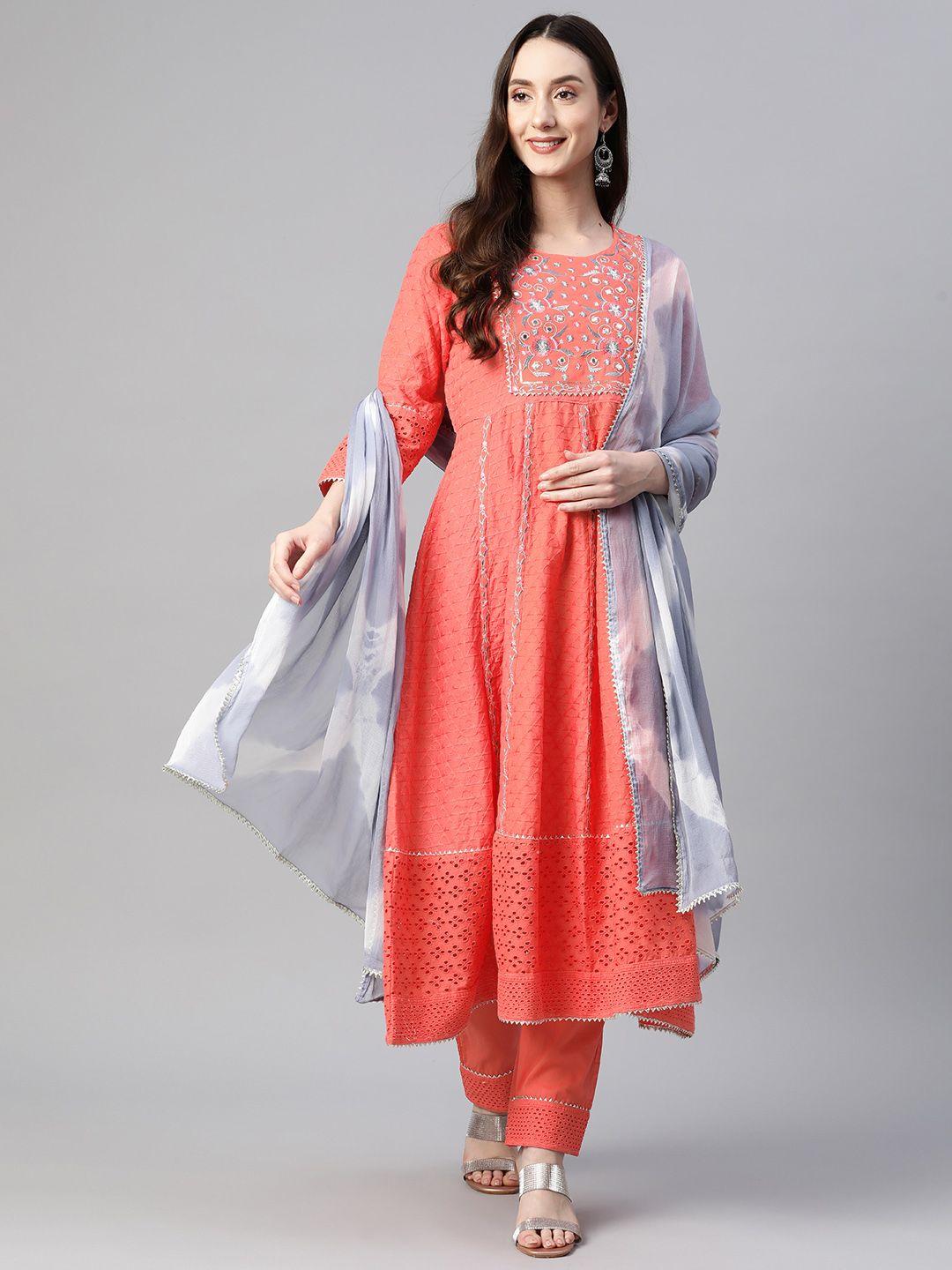 readiprint fashions embroidered gotta patti pure cotton kurta with trousers & with dupatta