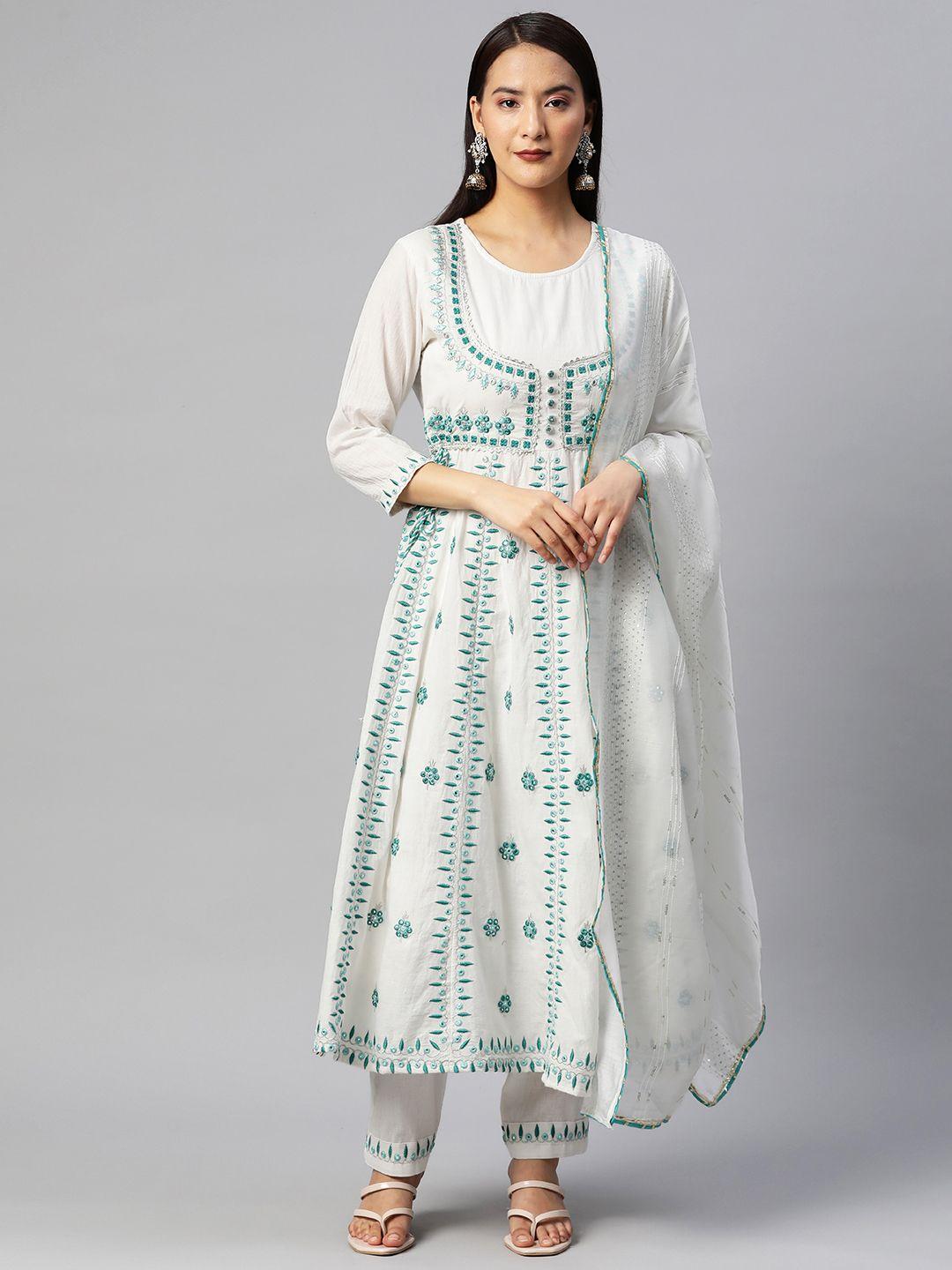 readiprint fashions embroidered mirror work pure cotton kurta with trousers & with dupatta