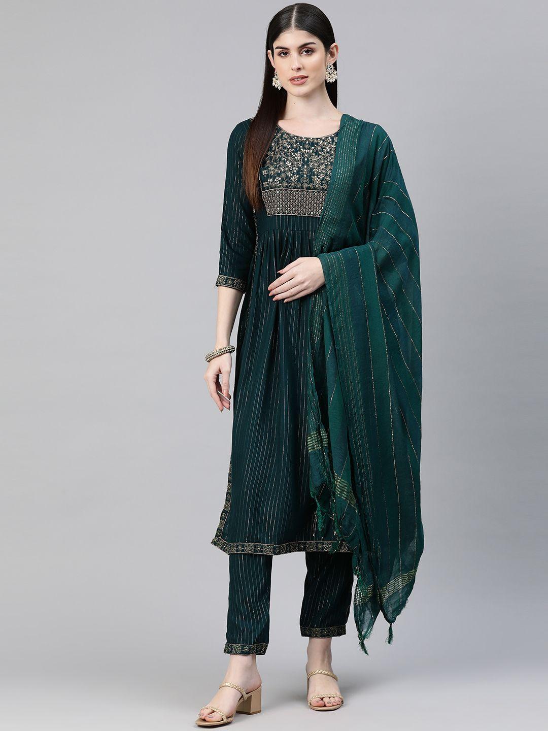 readiprint fashions embroidered pleated sequinned kurta with trousers & dupatta