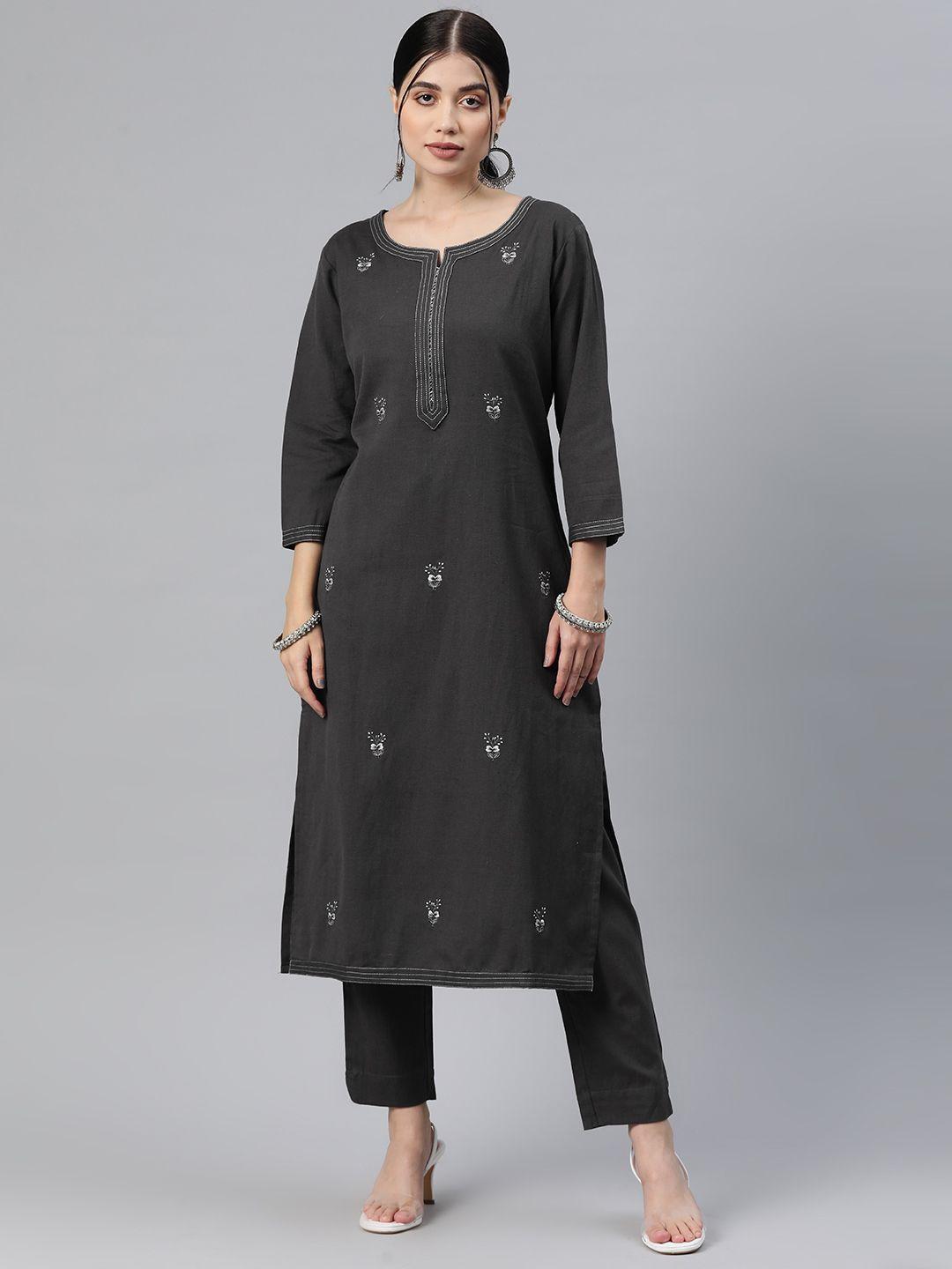 readiprint fashions embroidered thread work pure cotton kurta with trousers