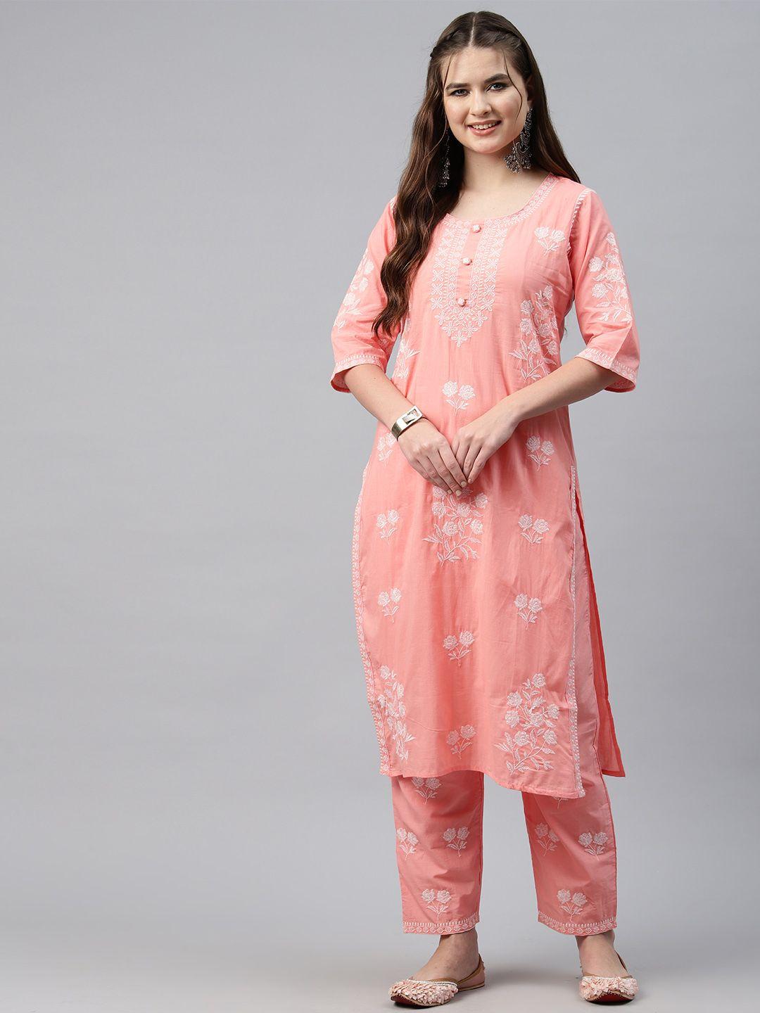 readiprint fashions embroidered thread work pure cotton kurta with trousers