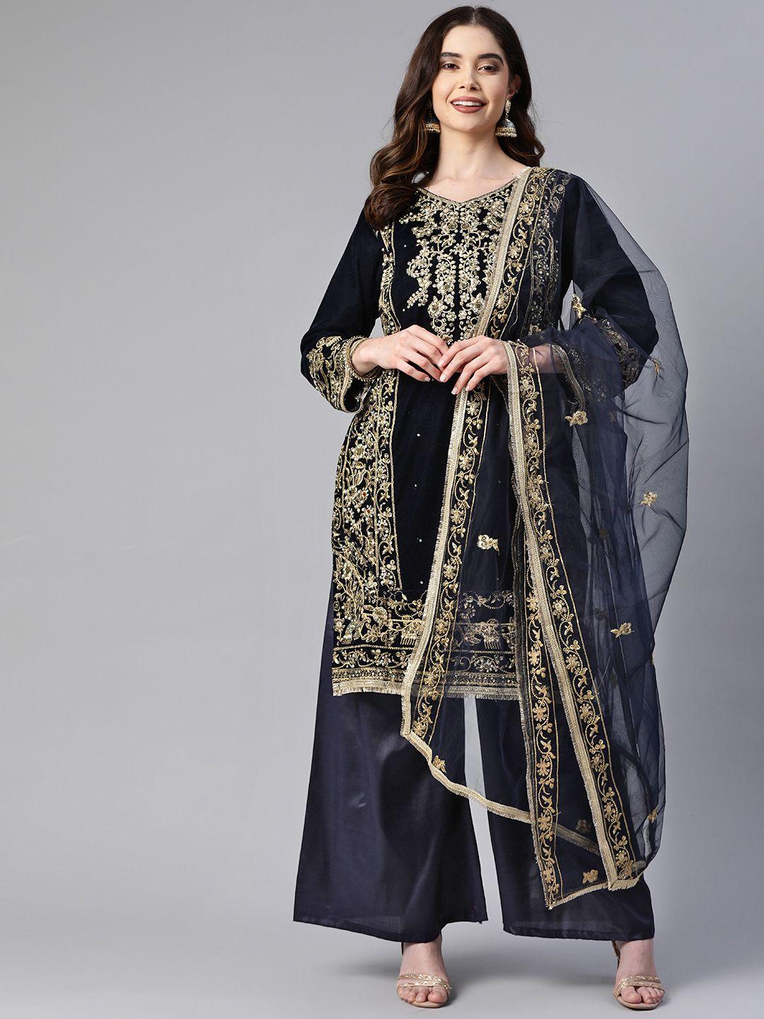 readiprint fashions embroidered velvet semi-stitched dress material