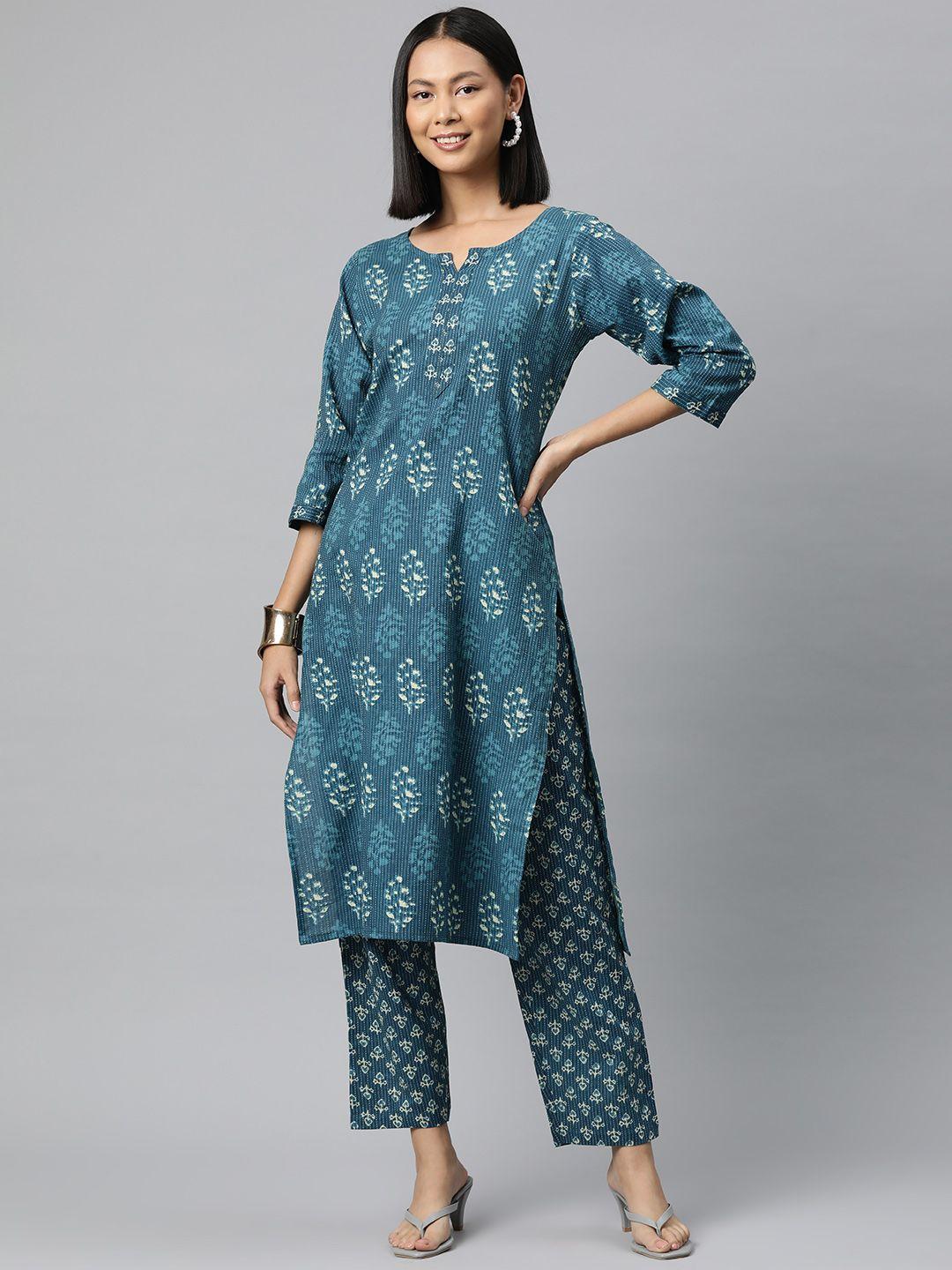 readiprint fashions ethnic motifs printed kantha work pure cotton kurta with trousers