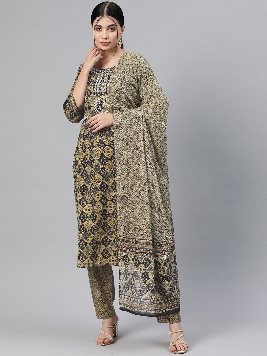 readiprint fashions ethnic motifs printed mirror work pure cotton kurta set