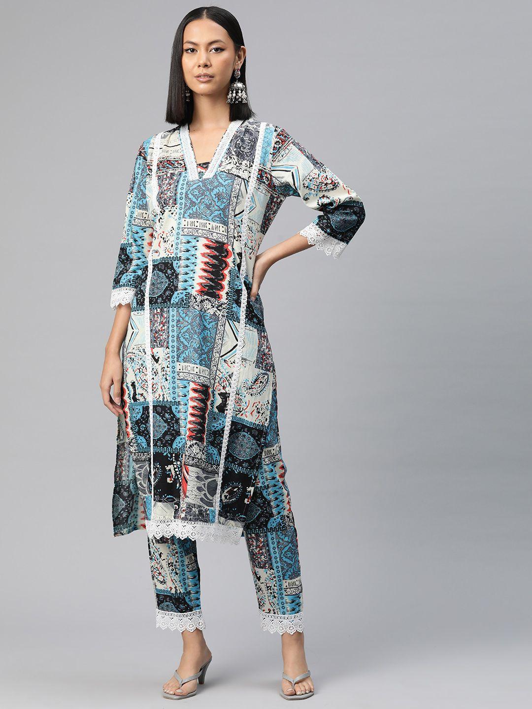 readiprint fashions ethnic motifs printed panelled pure cotton kurta with trousers