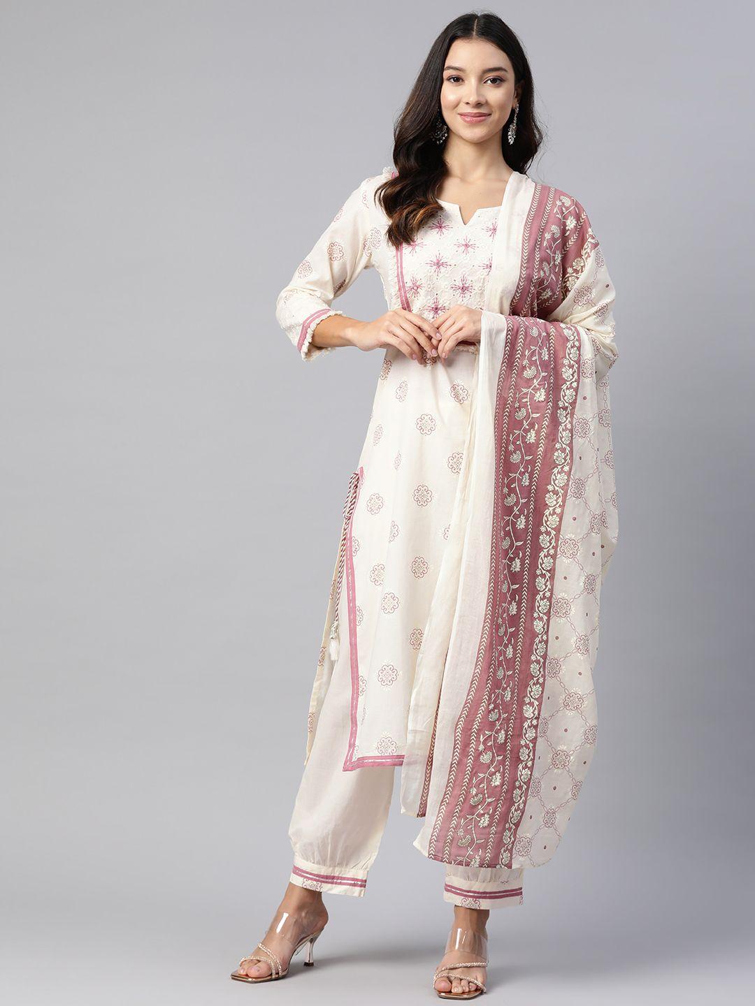 readiprint fashions ethnic motifs printed regular thread work pure cotton kurta set