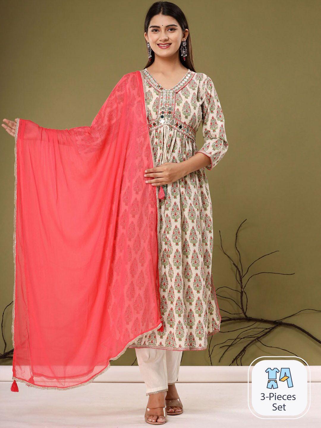 readiprint fashions ethnic printed pure cotton straight kurta with trousers & dupatta