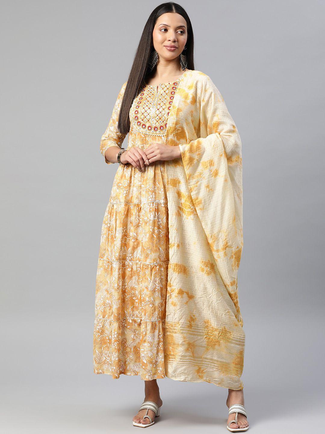readiprint fashions floral embroidered a-line cotton maxi dress with dupatta