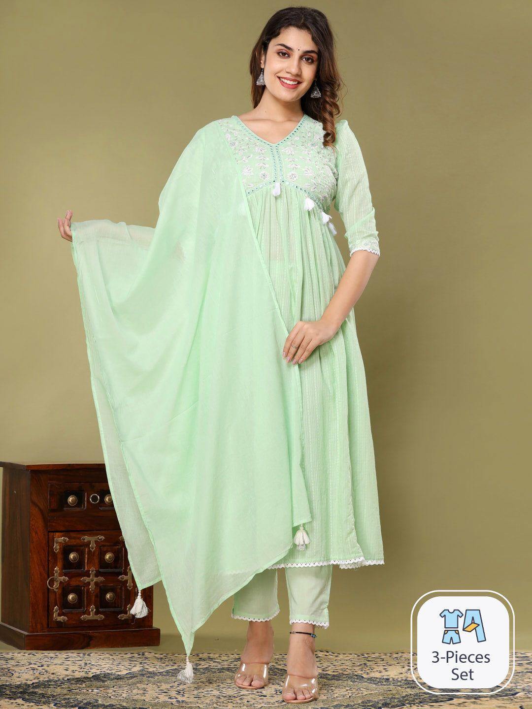 readiprint fashions floral embroidered empire pure cotton kurta & trousers with dupatta