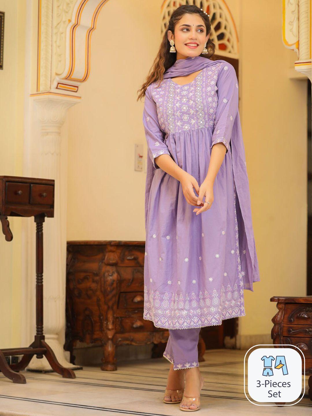 readiprint fashions floral embroidered pleated pure cotton kurta with trousers & dupatta