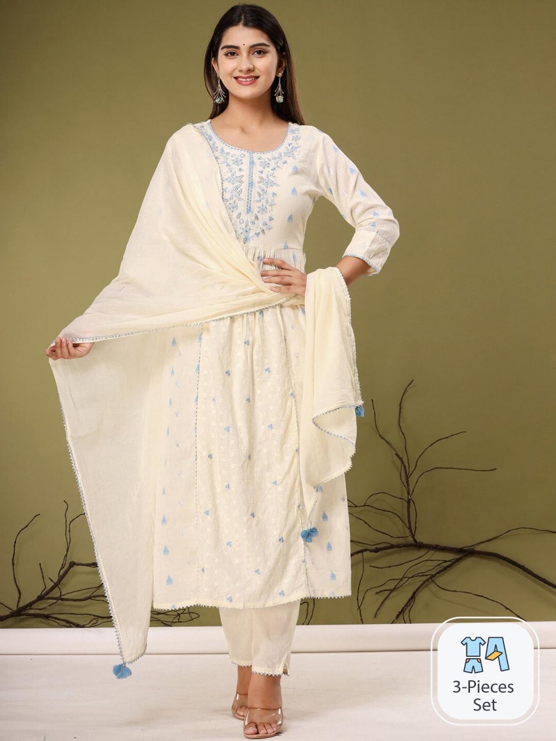 readiprint fashions floral embroidered pure cotton kurta & palazzos with dupatta
