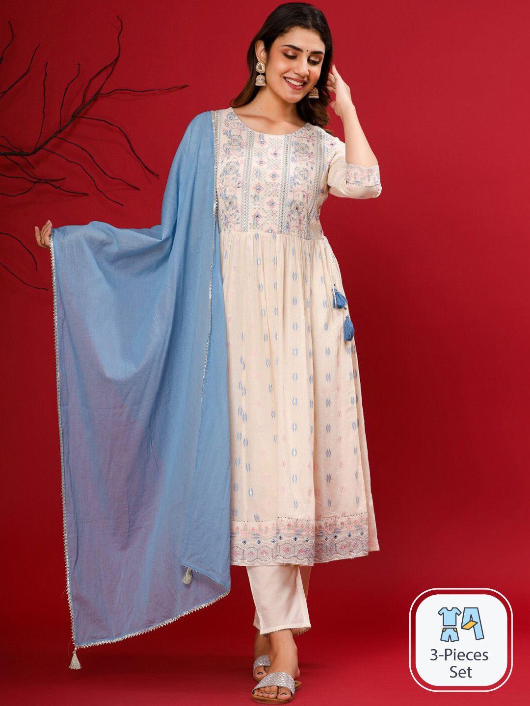 readiprint fashions floral embroidered pure cotton kurta & trousers with dupatta