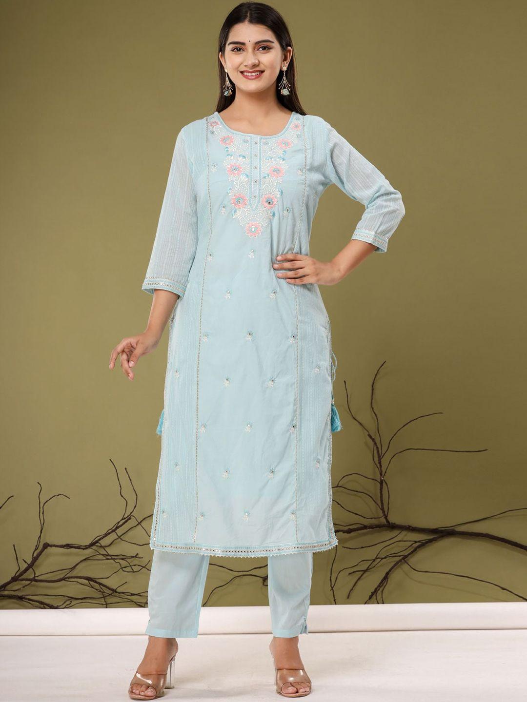 readiprint fashions floral embroidered pure cotton kurta with palazzos & with dupatta