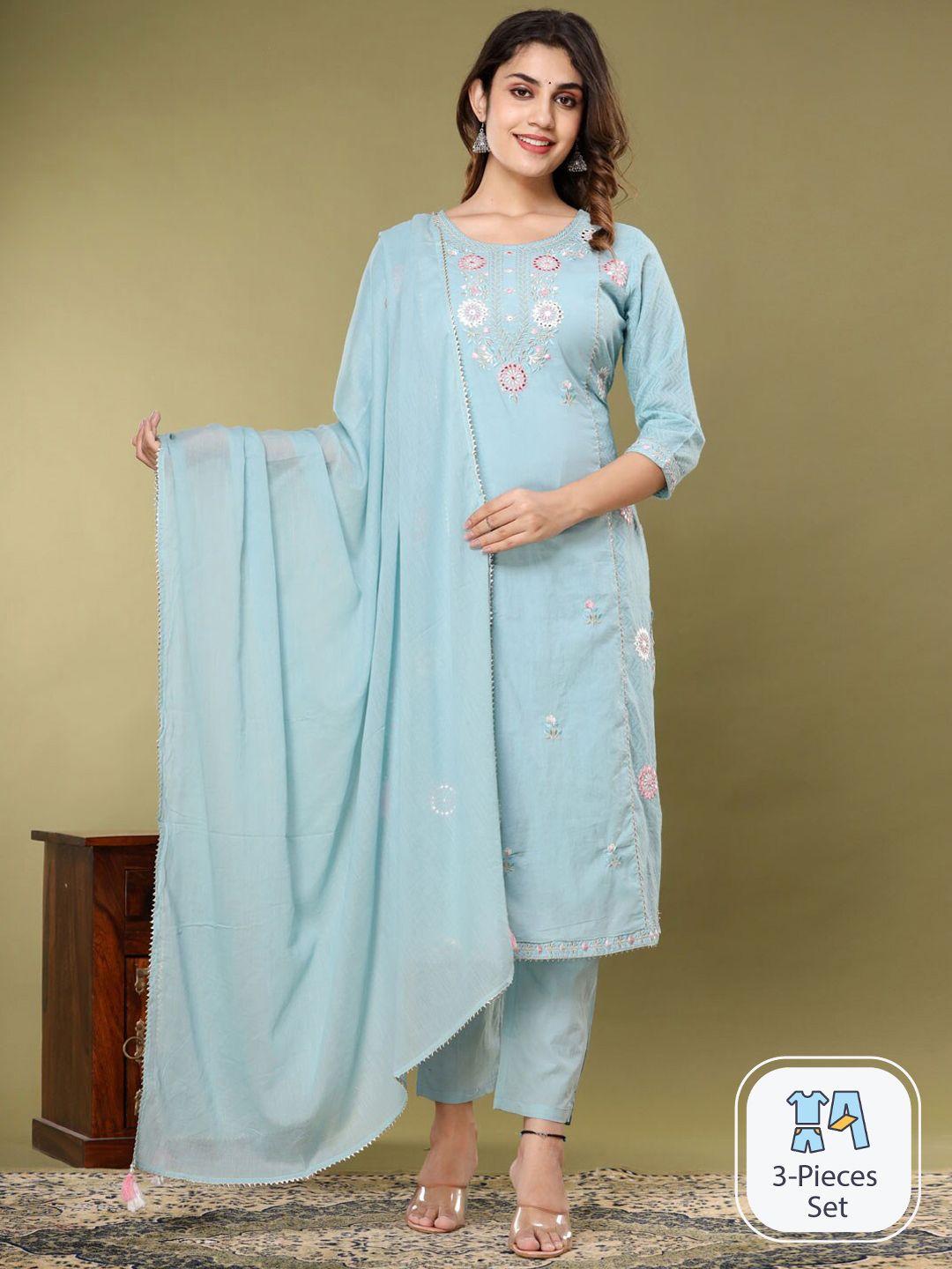 readiprint fashions floral embroidered pure cotton kurta with trousers & dupatta