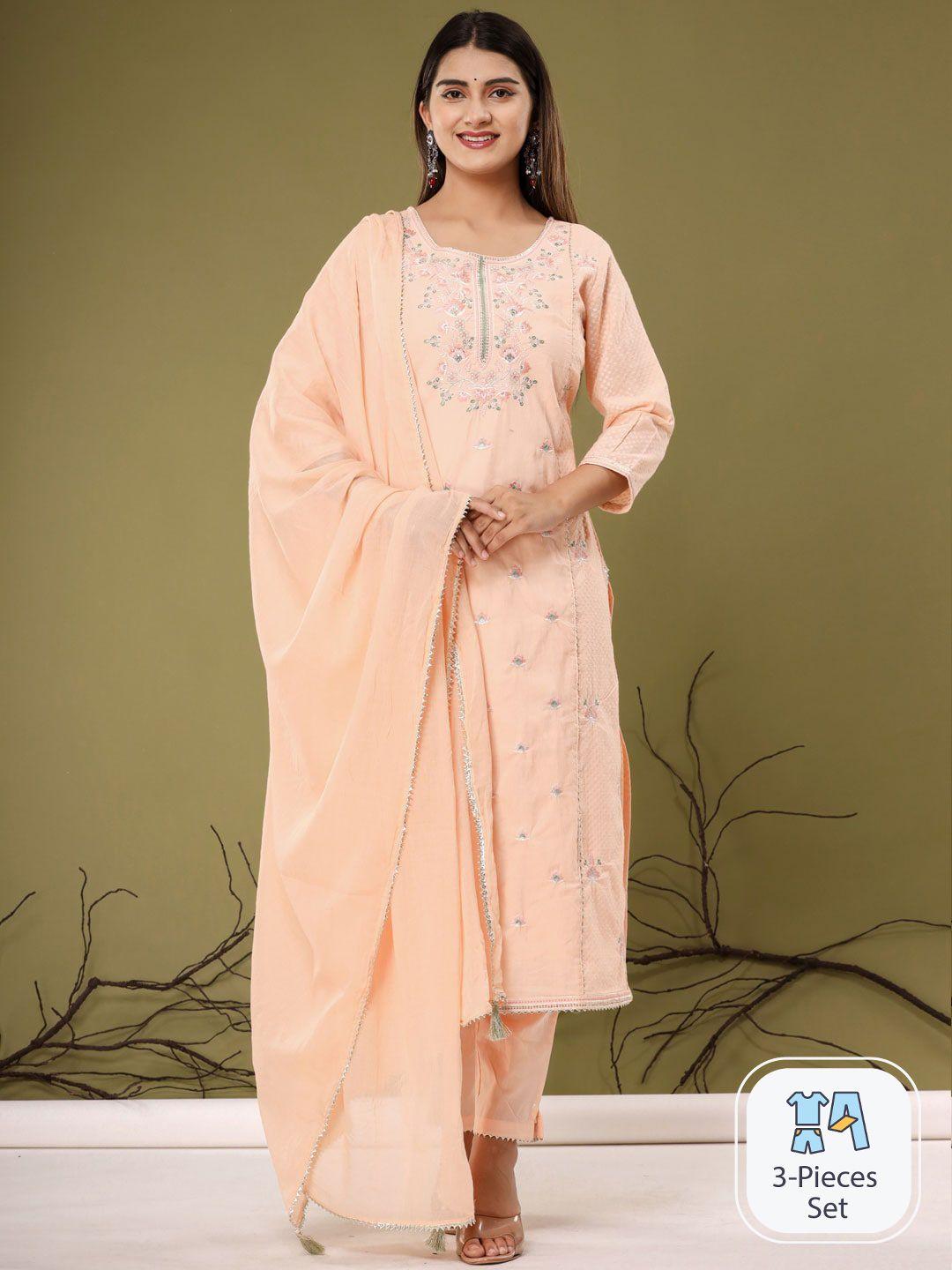 readiprint fashions floral embroidered pure cotton straight kurta with trouser & dupatta