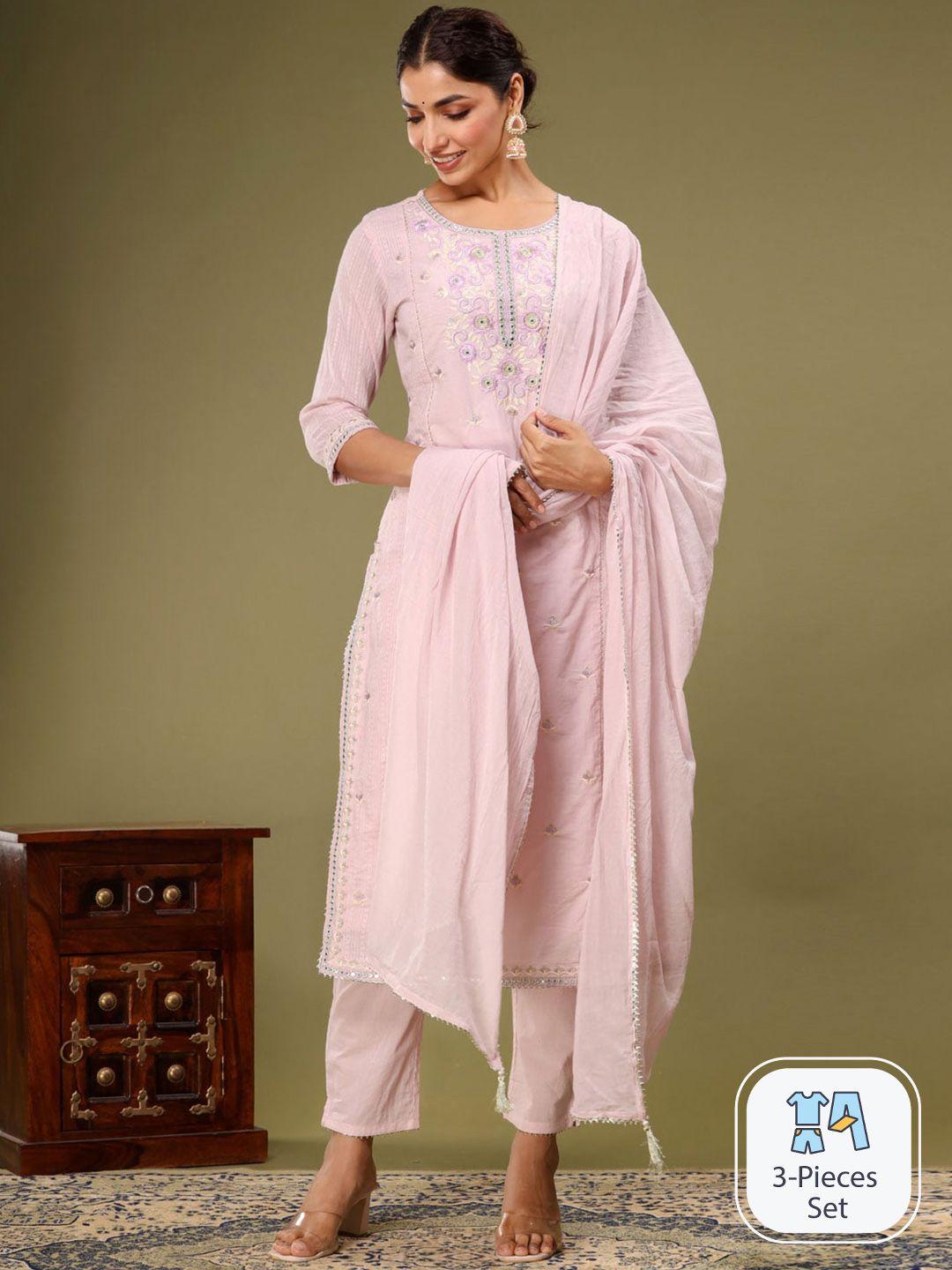 readiprint fashions floral embroidered pure cotton straight kurta with trousers & dupatta