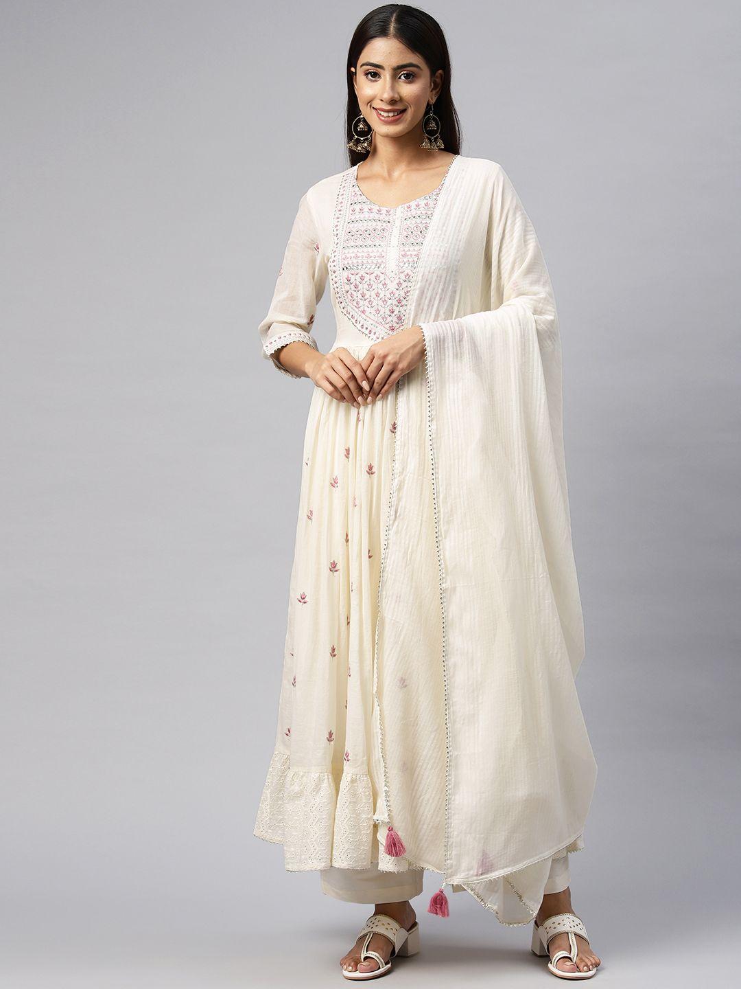 readiprint fashions floral embroidered sequinned anarkali pure cotton kurta with dupatta
