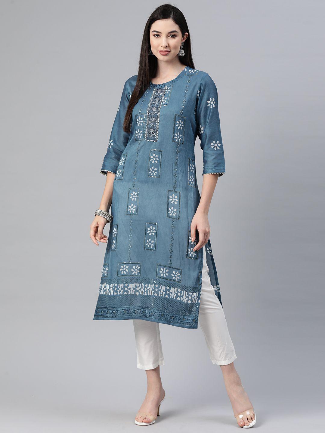 readiprint fashions floral embroidered sequinned cotton silk kurta