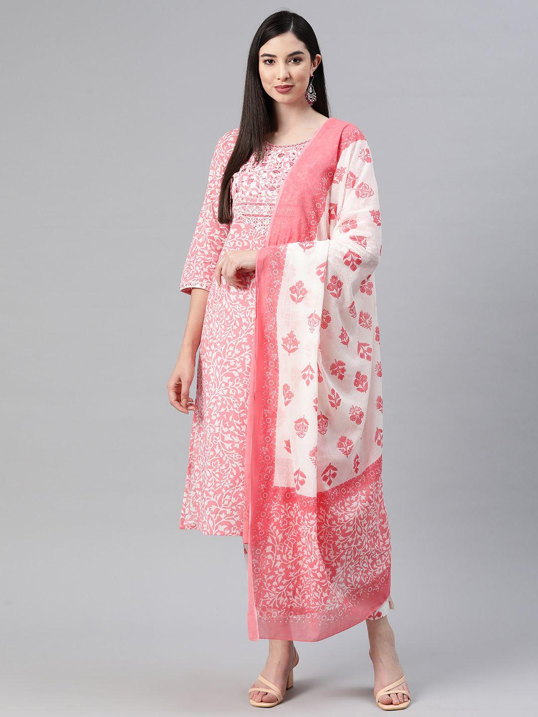 readiprint fashions floral embroidered sequinned pure cotton kurta with trousers & dupatta
