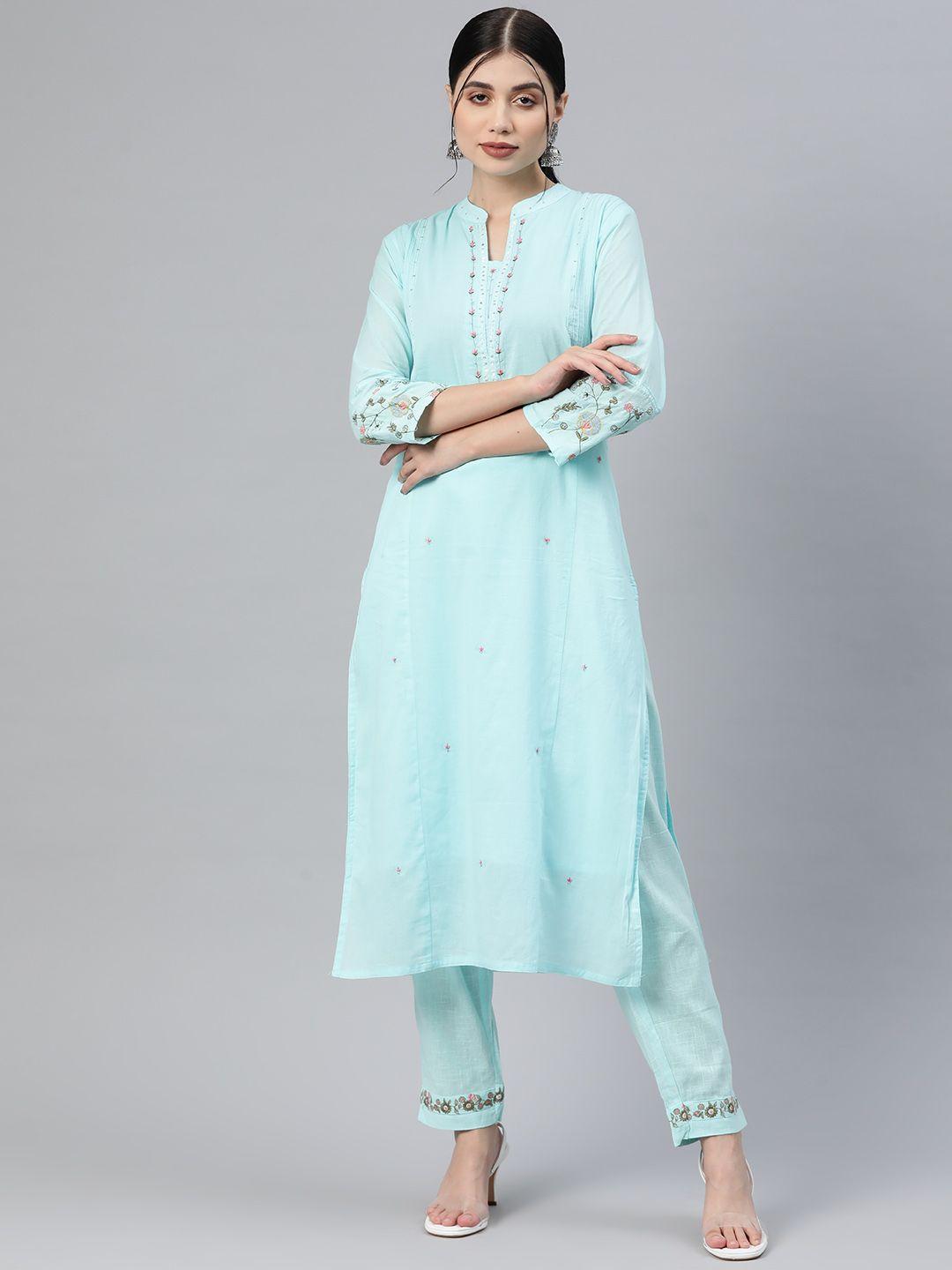 readiprint fashions floral embroidered sequinned pure cotton kurta with trousers