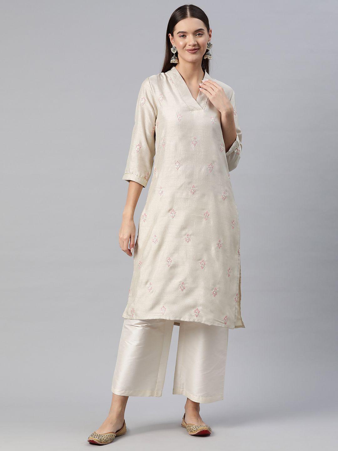 readiprint fashions floral embroidered thread work detail straight kurta