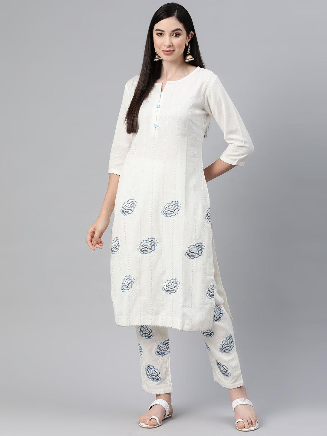 readiprint fashions floral embroidered thread work pure cotton kurta with trousers