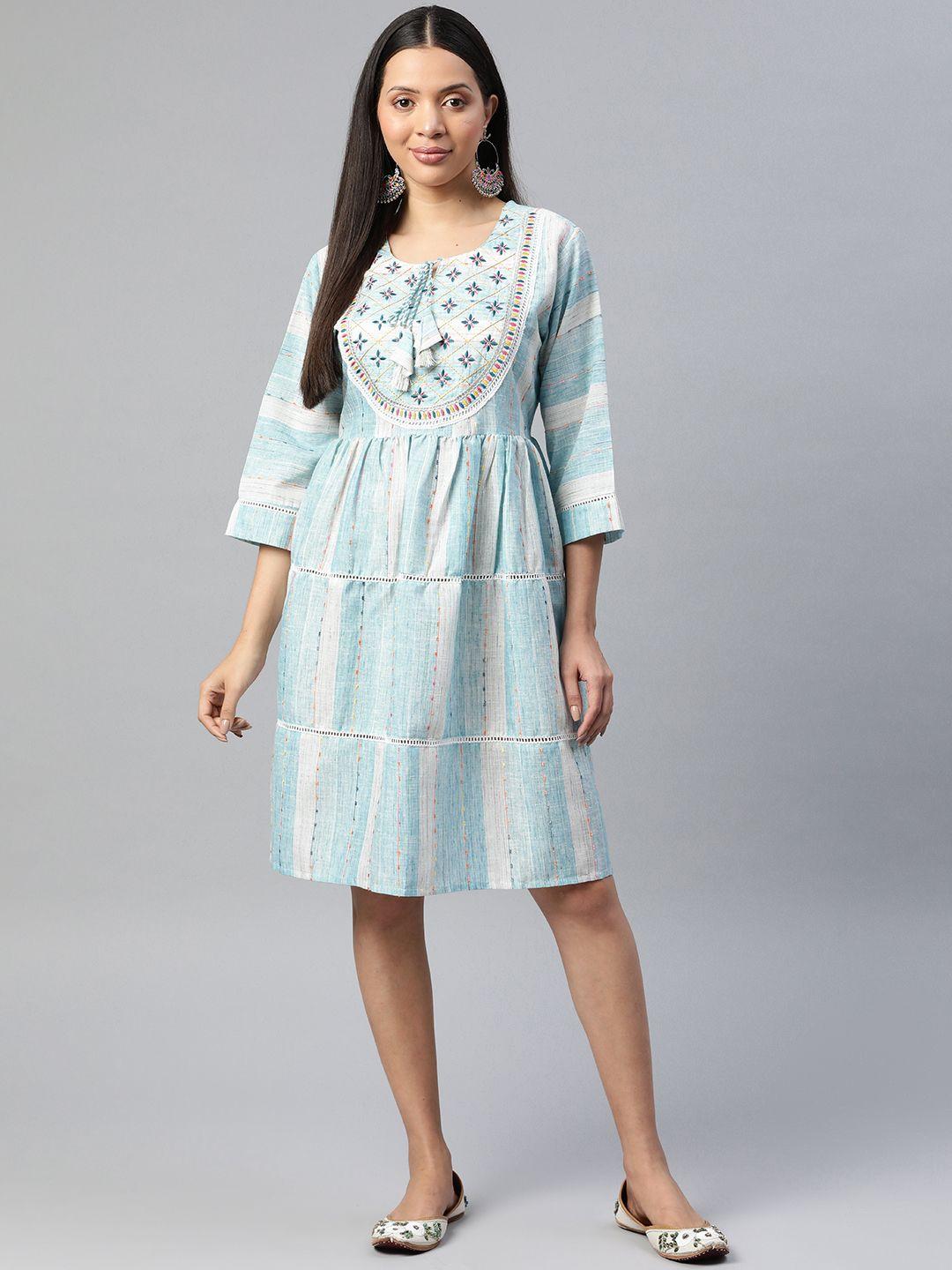 readiprint fashions floral embroidered tie-up neck cotton a-line dress