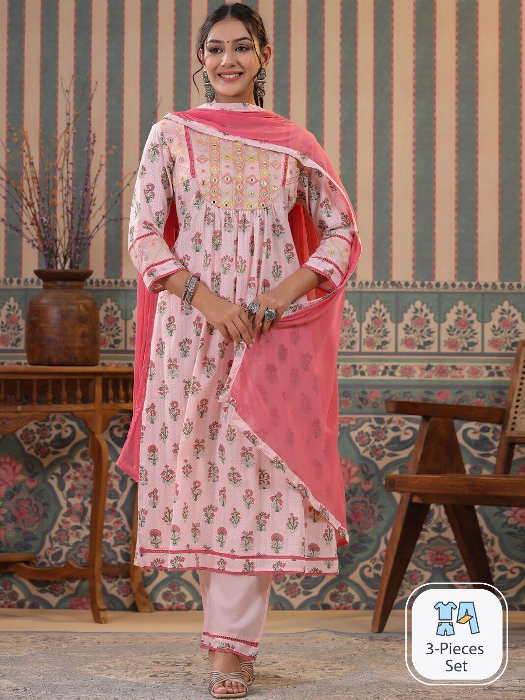 readiprint fashions floral mirror work pure cotton anarkali kurta with trousers & dupatta