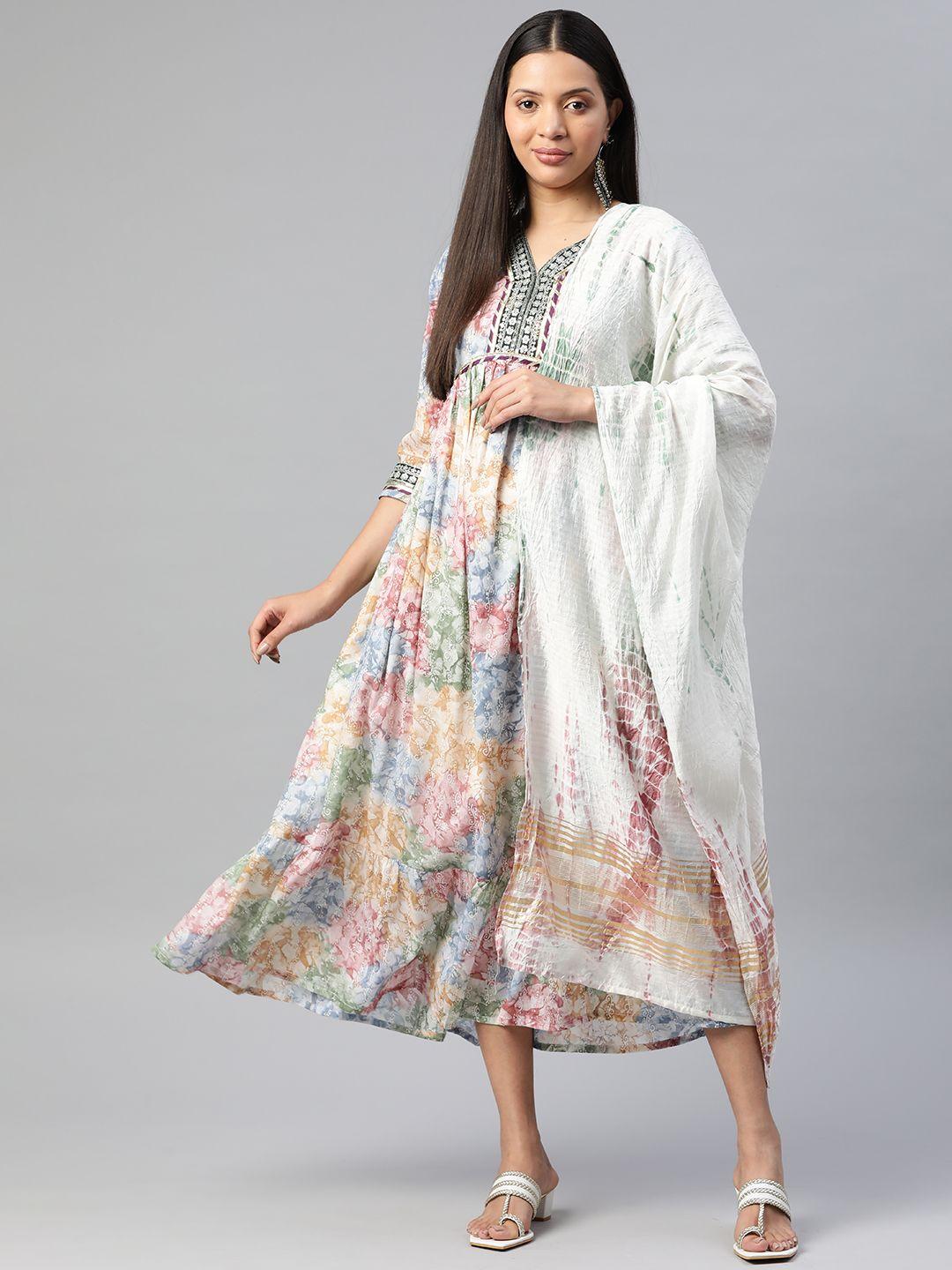 readiprint fashions floral print a-line midi dress with dupatta