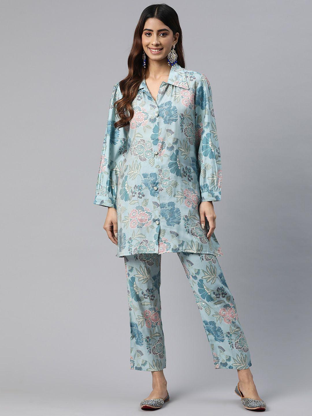 readiprint fashions floral print beads & stones pure silk tunic with trousers