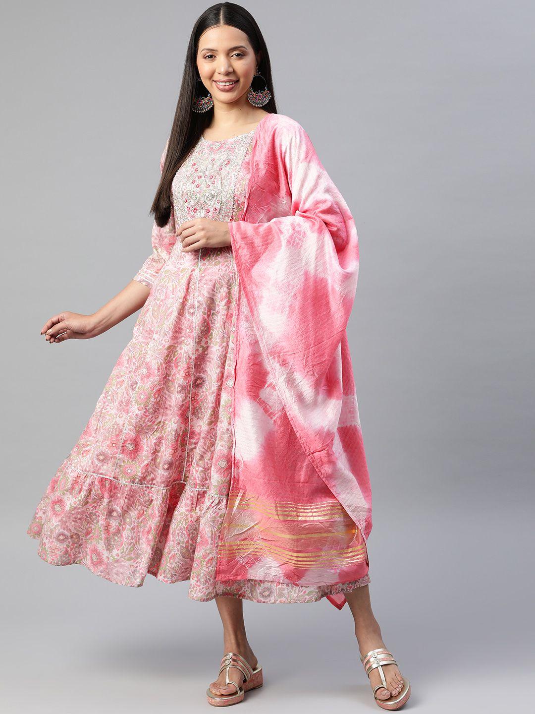 readiprint fashions floral print cotton a-line midi dress with dupatta