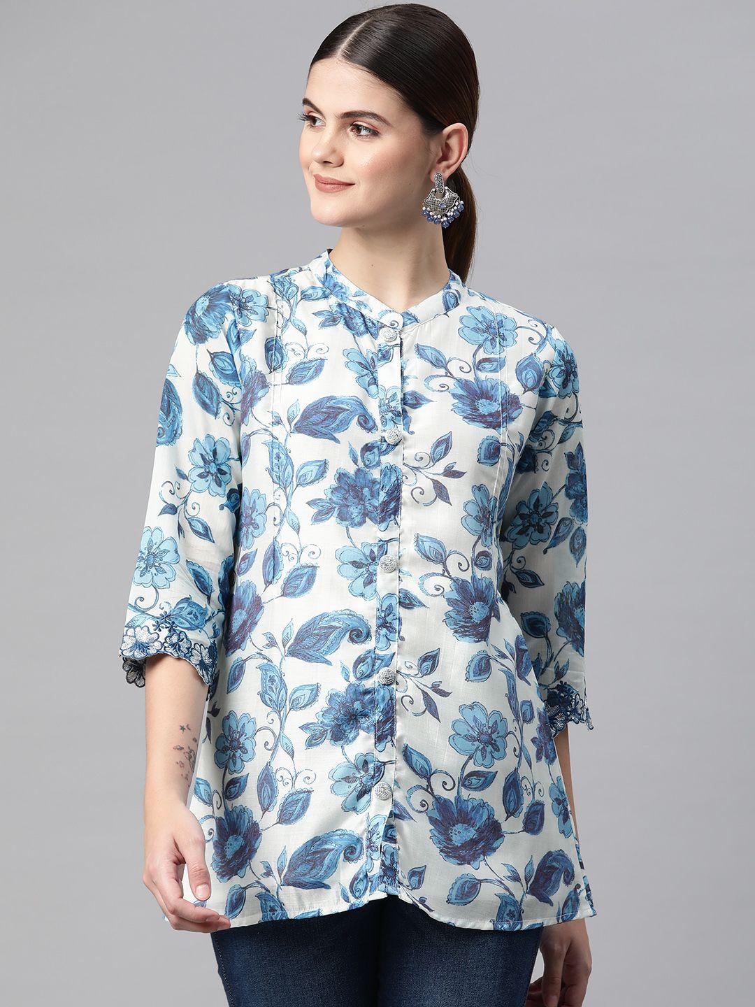 readiprint fashions floral print mandarin collar pure silk longline ethnic top
