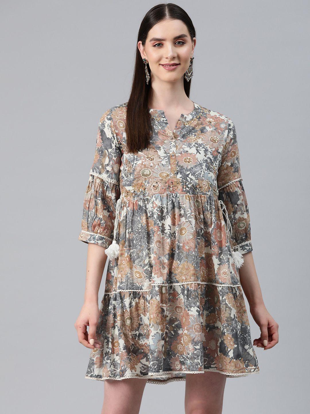 readiprint fashions floral print puff sleeves embellished tiered dress