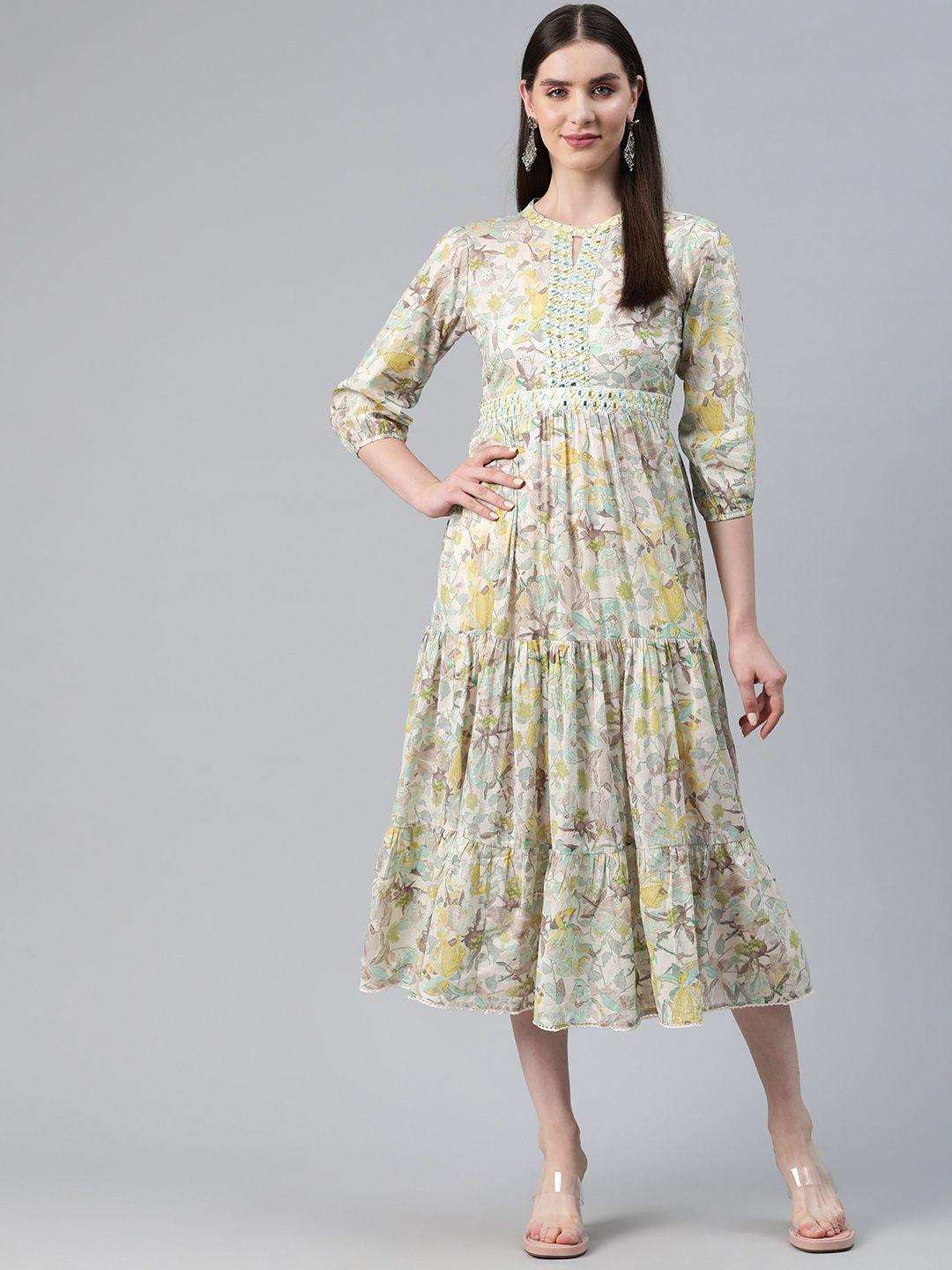 readiprint fashions floral print puff sleeves tiered fit & flare midi dress