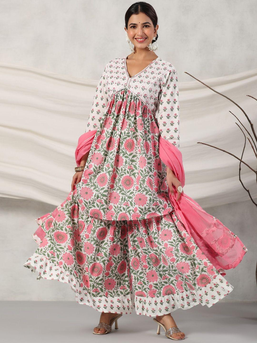 readiprint fashions floral print sequinned pure cotton a-line kurta & sharara with dupatta