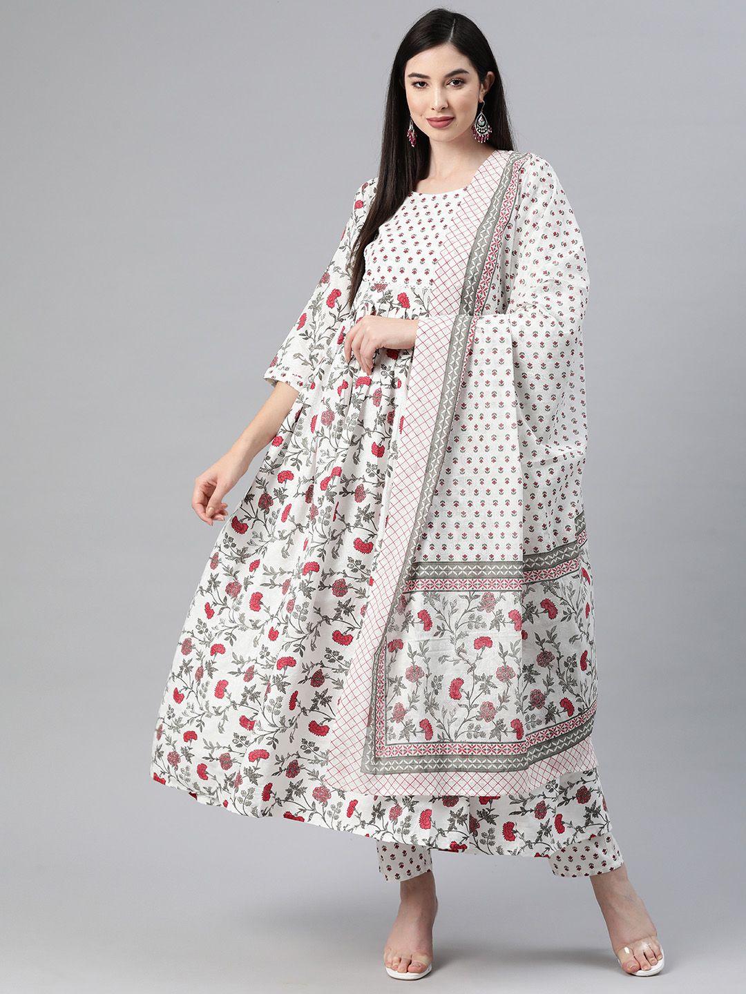 readiprint fashions floral printed anarkali pure cotton kurta with palazzos & dupatta