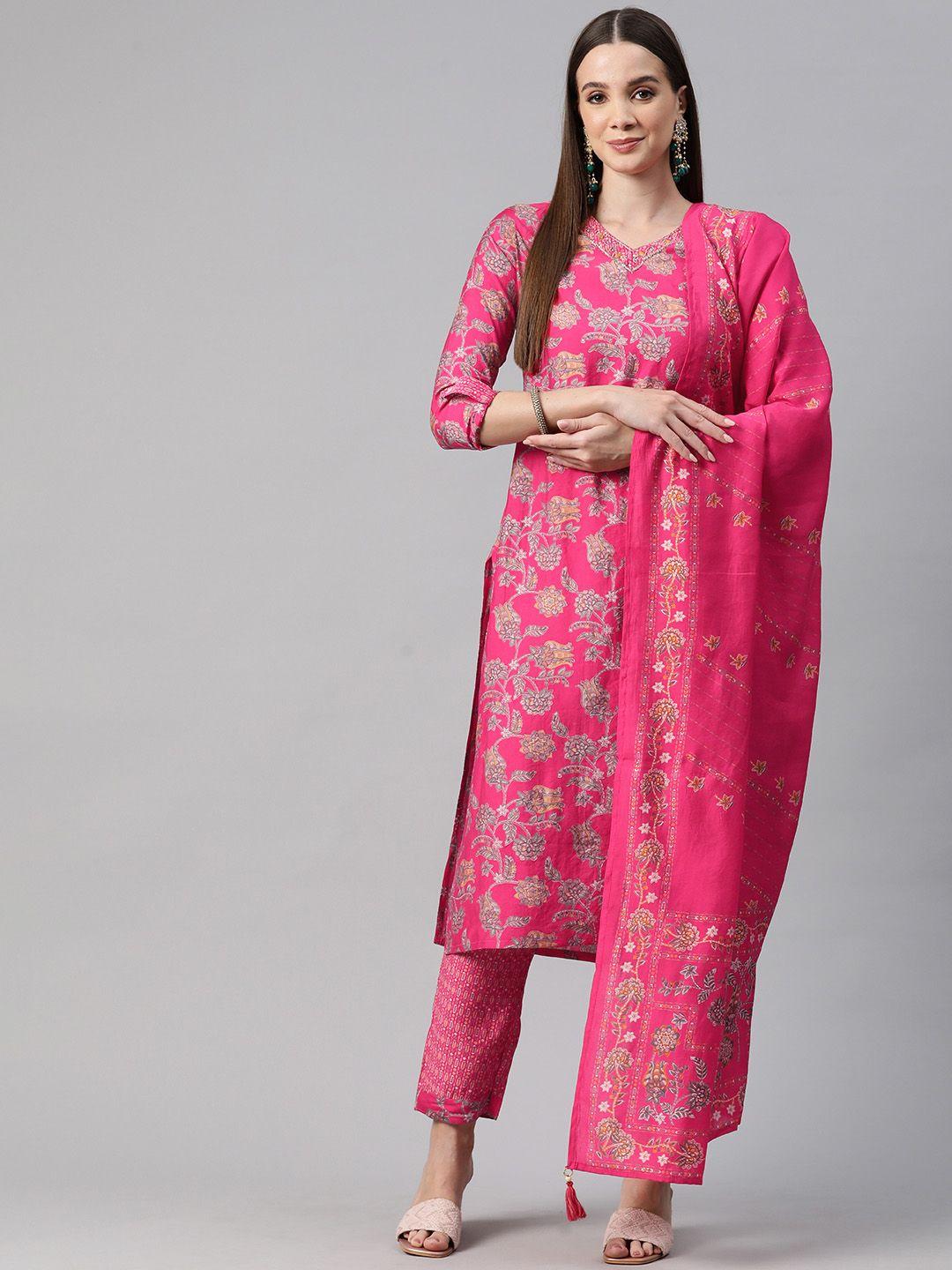 readiprint fashions floral printed beads & stones pure silk kurta with trousers & dupatta