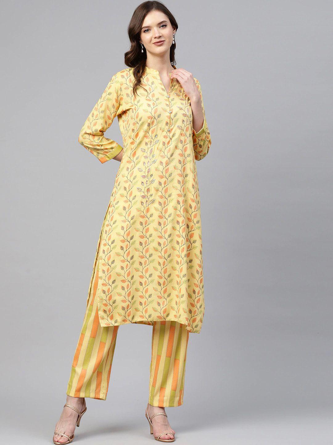 readiprint fashions floral printed beads & stones straight kurta with trousers